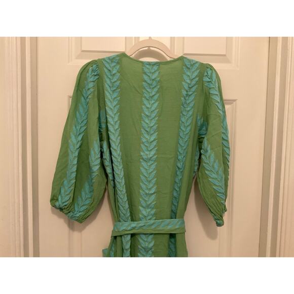 AUGUST RESORTWEAR ZAKAR GREEN LAUREL LEAF BALLOON SLEEVE MAXI DRESS SZ XS/S $240 - Picture 10 of 11